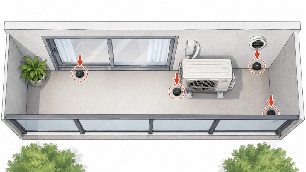 マンションのベランダで屋外用ゴキブリ駆除剤を置く窓際・室外機・換気口付近の位置