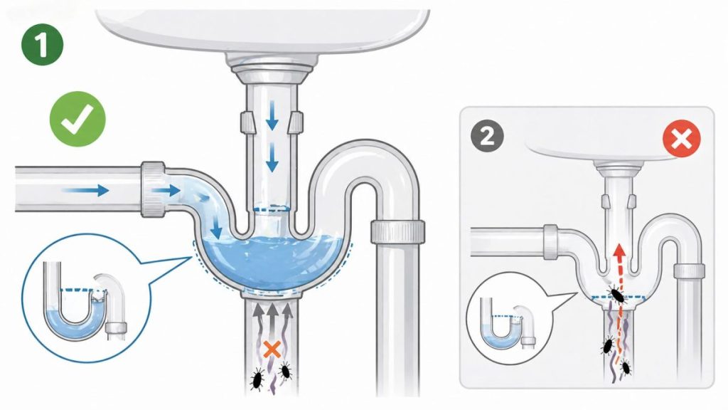 排水トラップの封水がゴキブリや臭いの侵入を防ぐ仕組みと封水切れの比較図