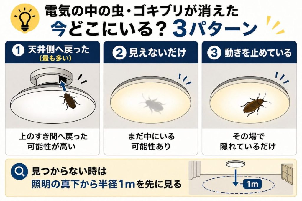 電気の中の虫・ゴキブリが消えた|今どこにいるか3パターン
