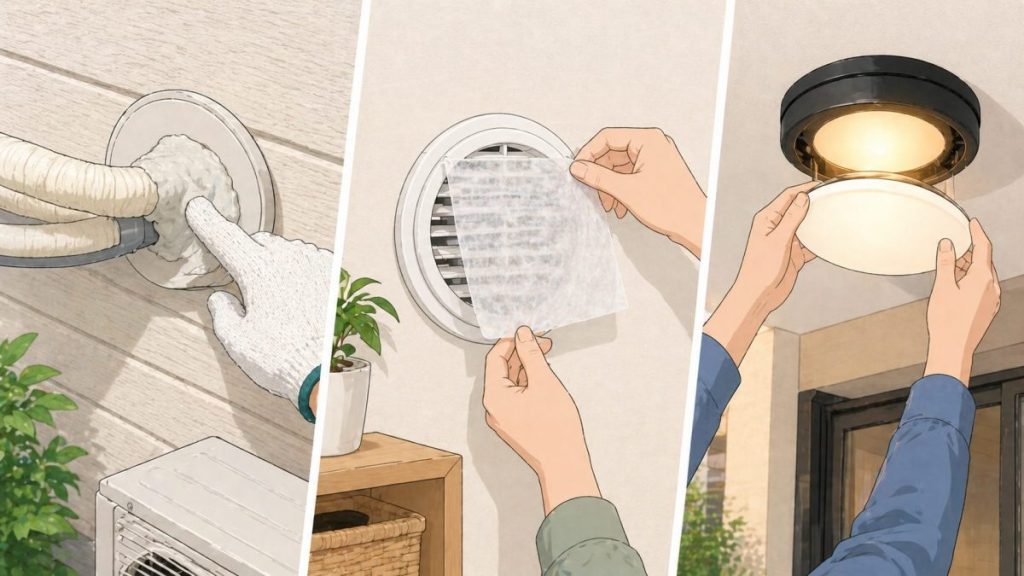 エアコン配管穴のパテと換気口フィルターと防虫LEDによる侵入対策