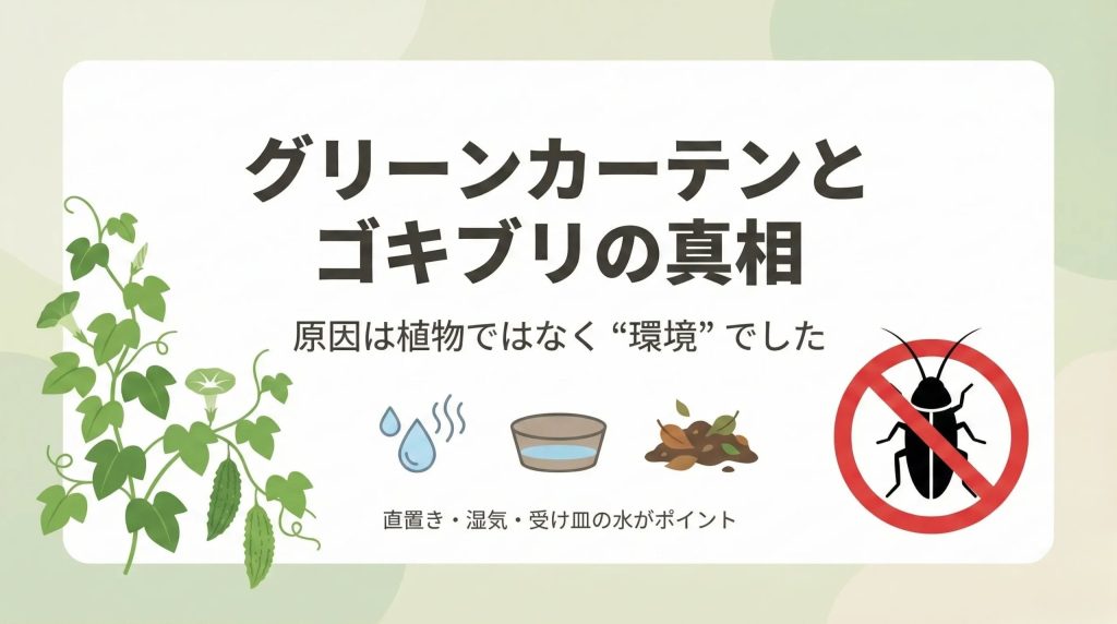 グリーンカーテンとゴキブリの関係を解説するアイキャッチ画像。大きなタイトル「グリーンカーテンとゴキブリの真相」とサブコピー「原因は植物ではなく環境でした」。ツル植物とゴキブリの禁止マークのイラスト付き。