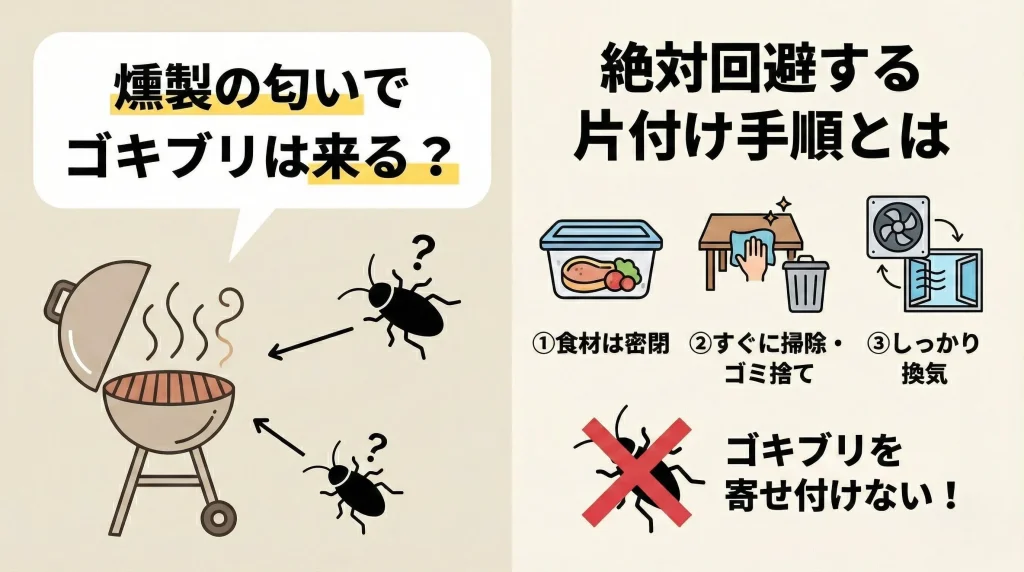 燻製の匂いでゴキブリは来る？原因から絶対回避する片付け手順まで紹介