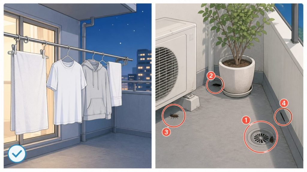 夜干しした洗濯物よりも、排水口や植木鉢、室外機周りが注意ポイントだと分かるベランダ図解