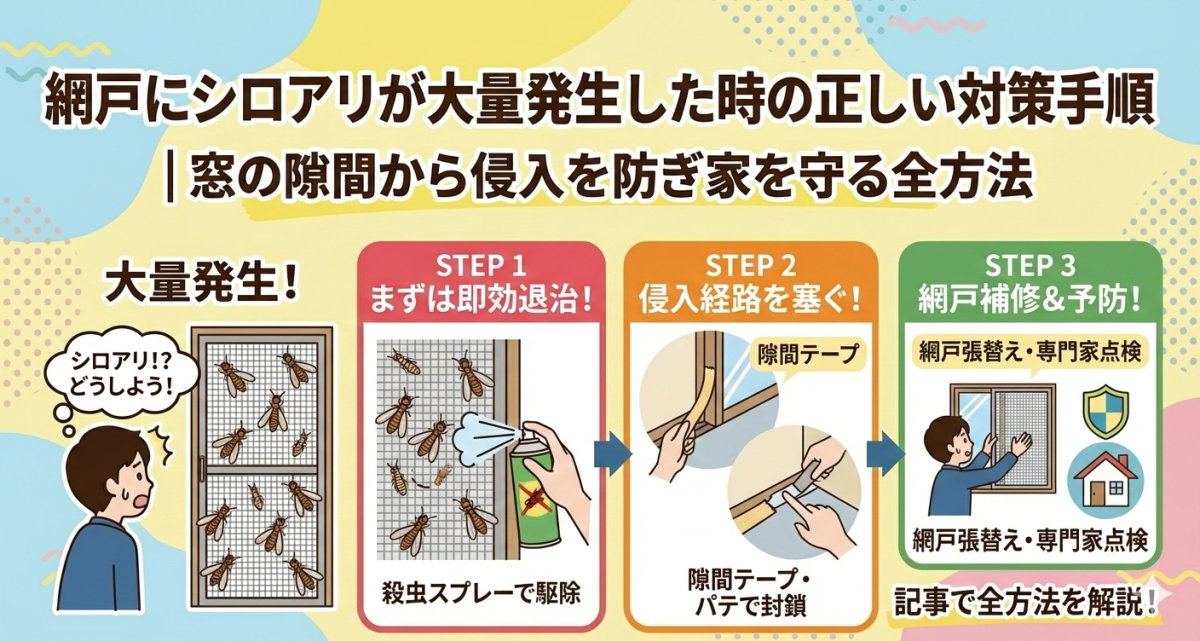 網戸にシロアリが大量発生した時の正しい対策手順！窓の隙間から侵入を防ぎ家を守る全方法