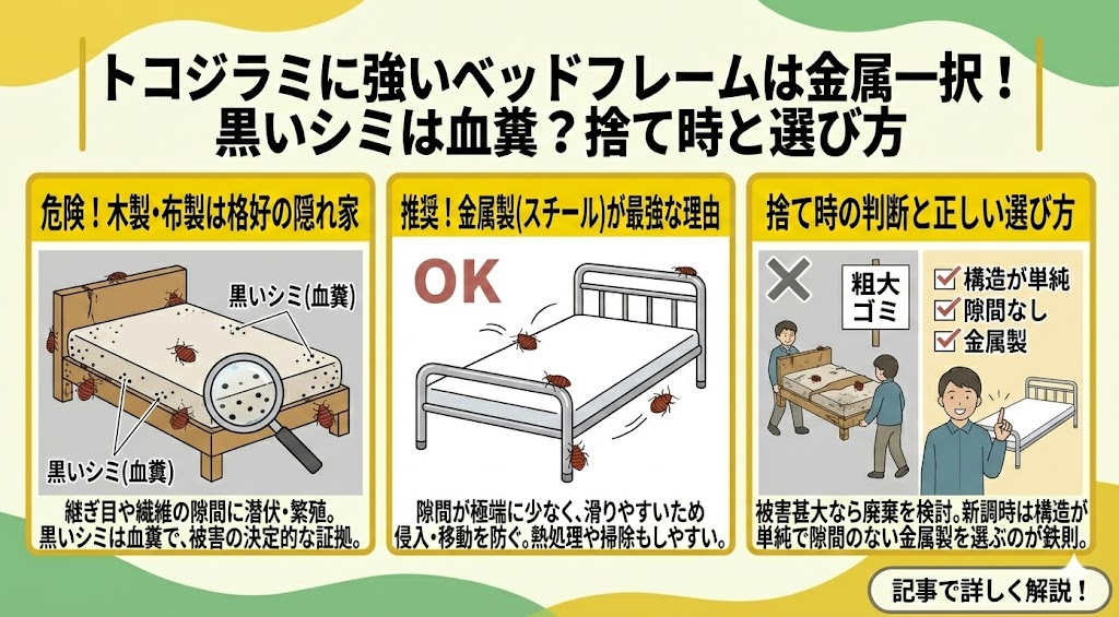 トコジラミに強いベッドフレームは金属一択！黒いシミは血糞？捨て時と選び方
