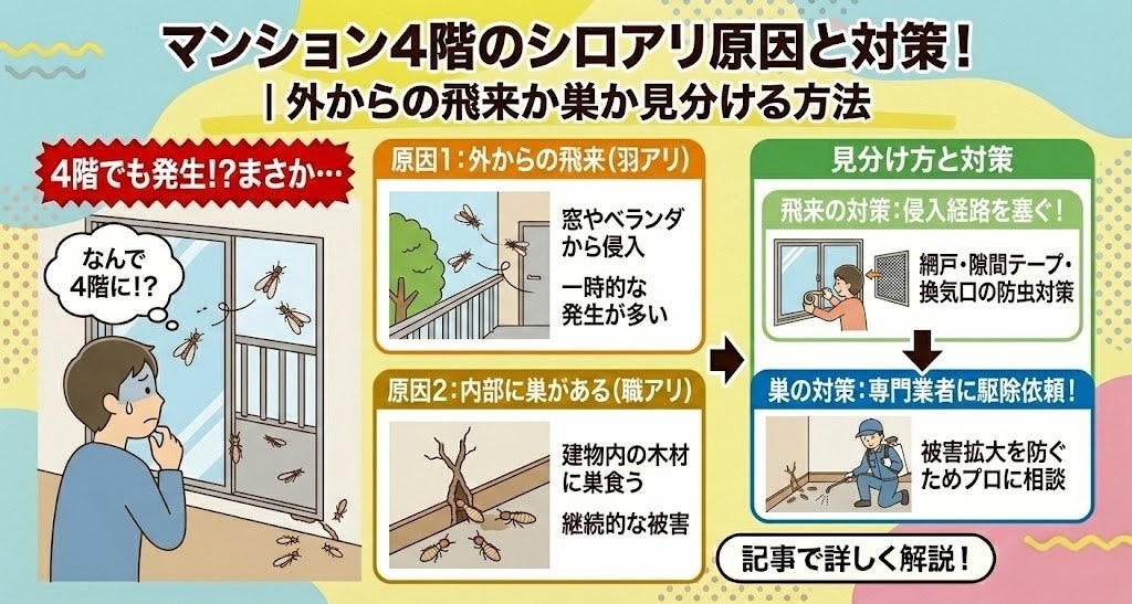 マンション4階のシロアリ原因と対策！外からの飛来か巣か見分ける方法