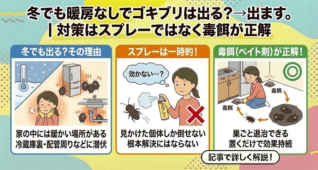 冬でも暖房なしでゴキブリは出る？→出ます。対策はスプレーではなく毒餌が正解