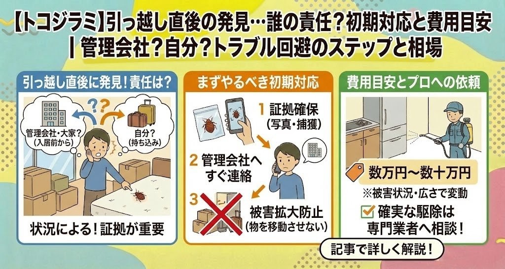 【トコジラミ】引っ越し直後の発見…誰の責任？初期対応と費用目安