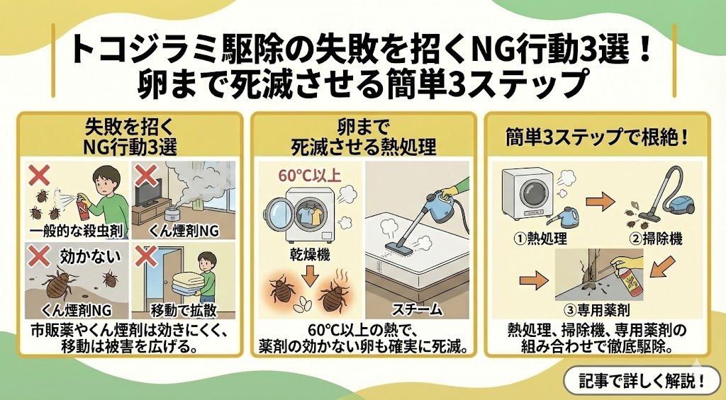 トコジラミ駆除の失敗を招くNG行動3選！自力で卵まで死滅させる簡単3ステップ