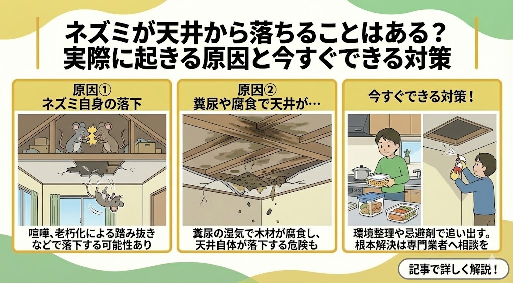ネズミが天井から落ちることはある？実際に起きる原因と今すぐできる対策