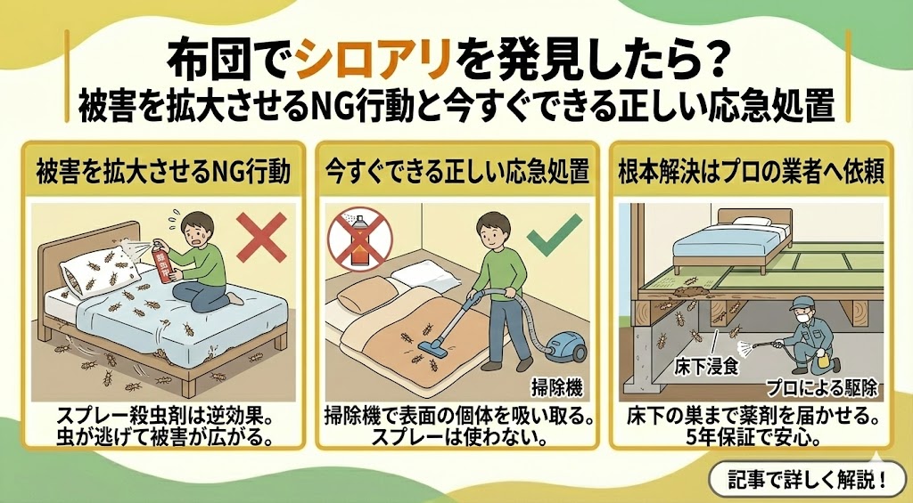 布団でシロアリを発見したら？被害を拡大させるNG行動と今すぐできる正しい応急処置